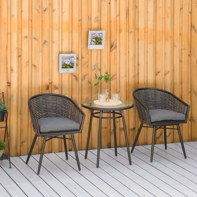 Outsunny 3 Piece Grey Polyrattan Outdoor Bistro Set with Round Glass Top Table
