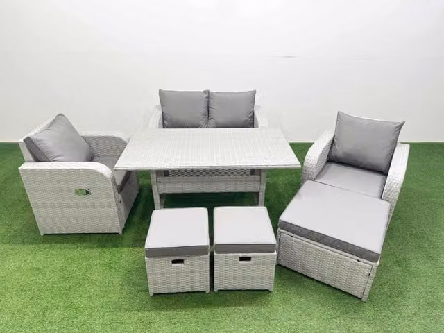 Fimous 7 Seater Light Grey PE Wicker Rattan Garden Furniture Set with Reclining Chairs, Rectangular Dining Table and 3 Stools
