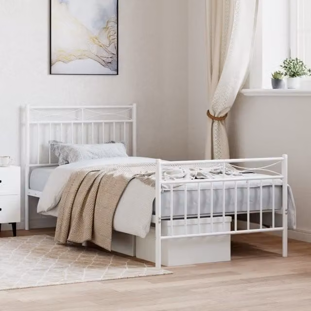 Berkfield Home Metal Bed Frame with Headboard and Footboard in White, W/D/H: 90 x 200 cm