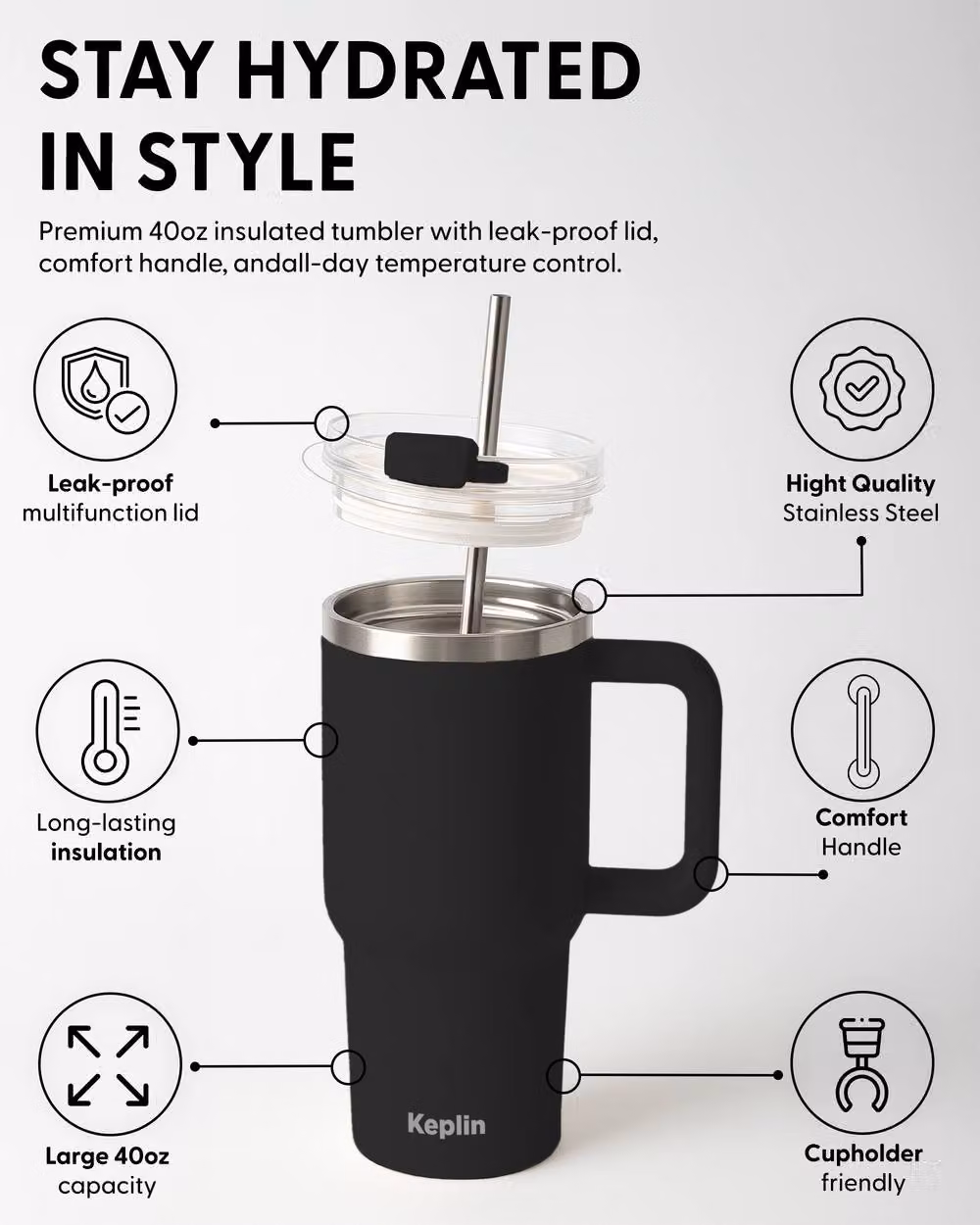 Keplin Insulated Travel Tumbler with Handle and Straw, 1200 ml, Black – 3