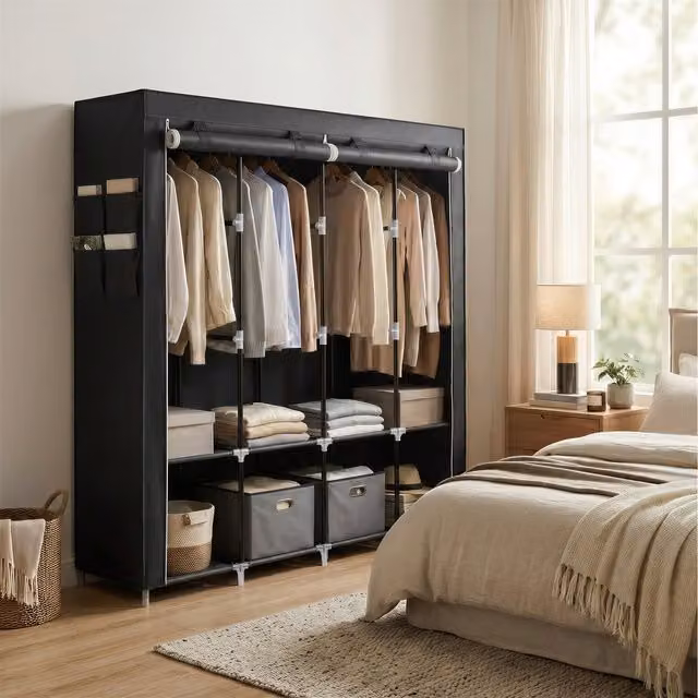 SONGMICS Portable Wardrobe with 4 Hanging Rails and Internal Shelves, Black