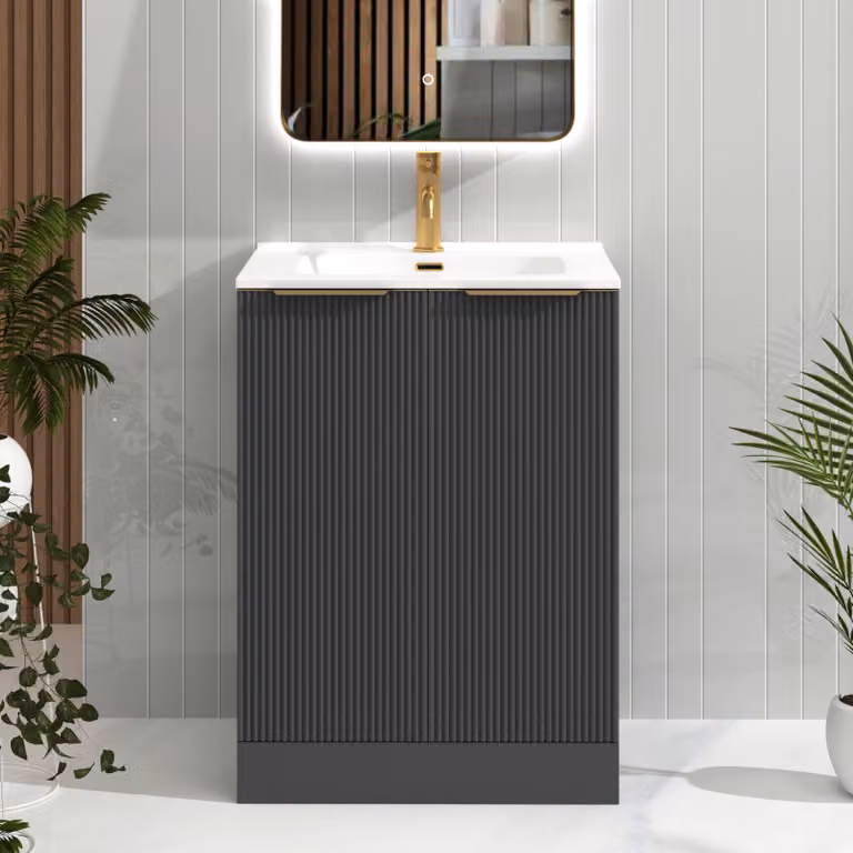 Royal Bathrooms Evora 600mm Graphite Grey Fluted Floor Standing 2 Door Vanity Unit with Ceramic Basin and Brushed Brass Handles