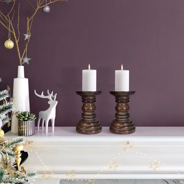 Topfurnishing Set of 2 Rustic Antique Carved Wooden Pillar Candle Holders, Brown, W/D/H: 10 x 10 x 13 cm
