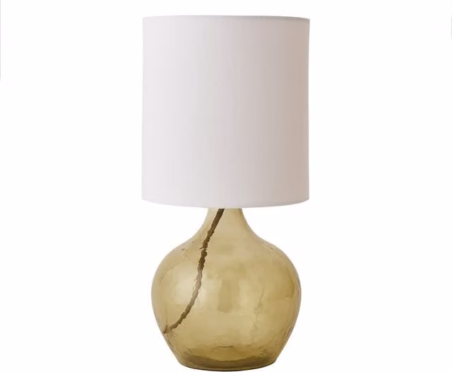 ValueLights Emily Glass Table Lamp with White Fabric Drum Shade in Green and Gold/Brass