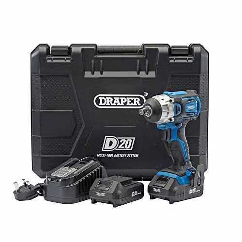 Draper 55343 D20 20V Brushless 1/2 inch Mid-Torque Impact Wrench in Blue with 2x Rechargeable Batteries