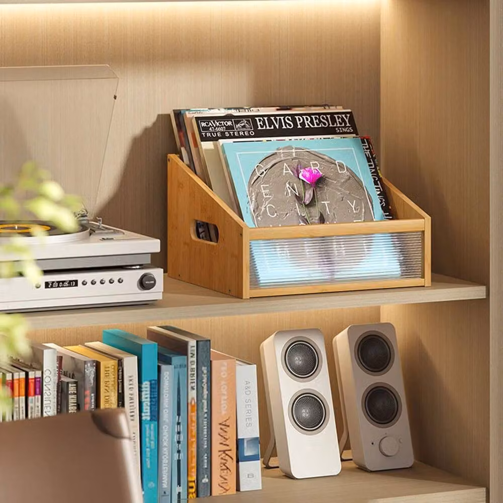 SPETLEK Record Album Storage Crate in Natural Brown Wood and Bamboo, W/D/H: 30.0 x 28.0 x 30.0 cm – 3