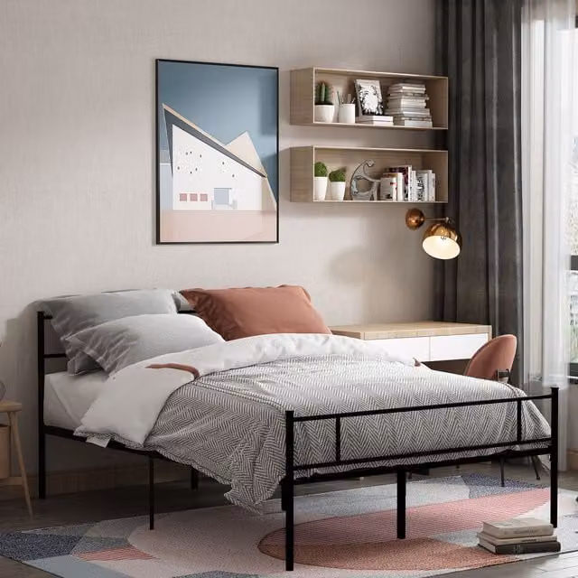 HOMCOM Minimalist Metal Bed Frame with Headboard and Footboard in Black, 140 x 200 cm