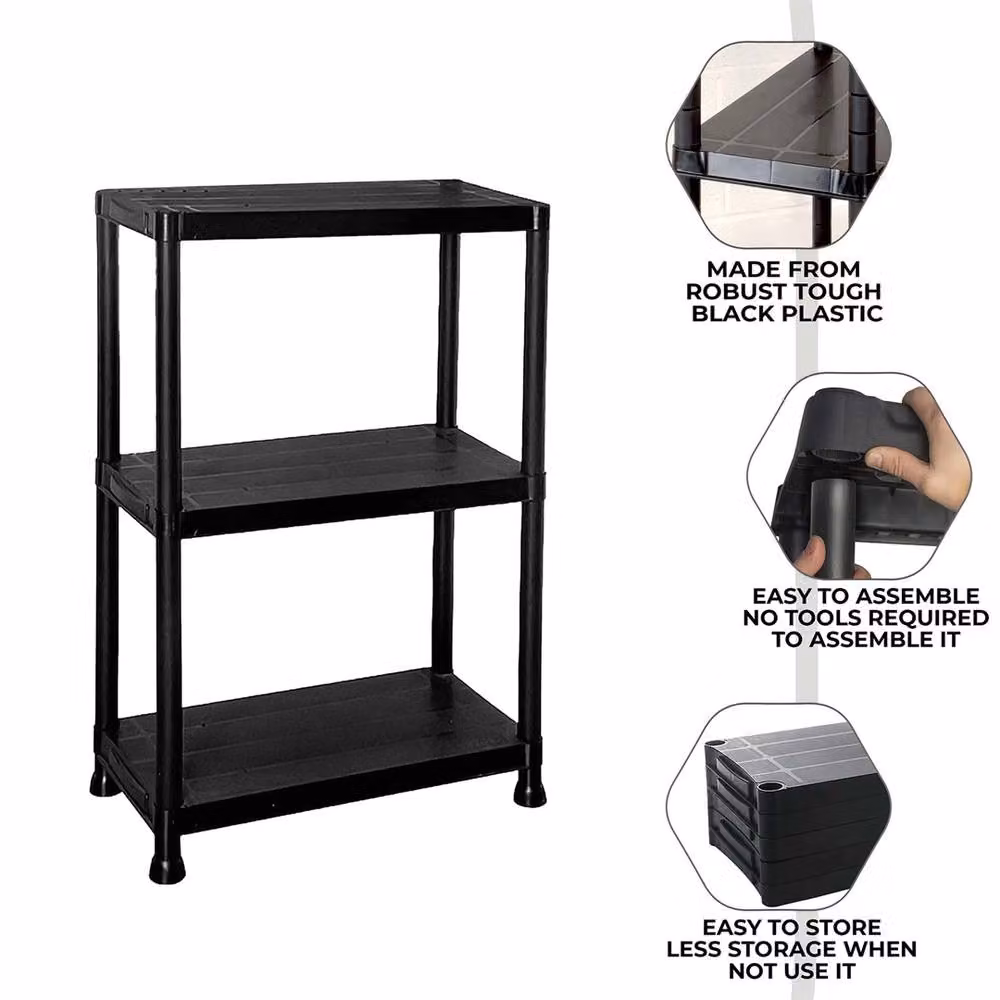 SPETLEK 3 Tier Heavy Duty Plastic Storage Shelving Rack in Black – 3