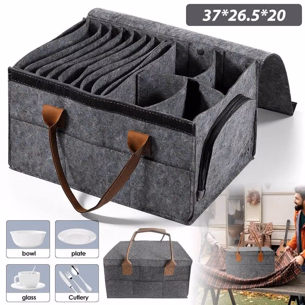 VOGREX Grey Lidded Felt Dish Storage Holder with Compartments for Plates, Bowls and Cups – 3