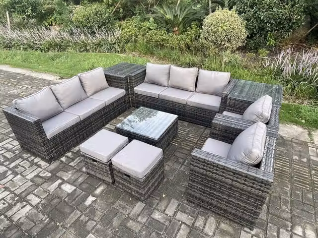 Fimous 10 Seater Outdoor Rattan Garden Furniture Set in Dark Grey with U-Shape Sofa, 2 Armchairs, Square Coffee Table and 2 Side Tables – 1