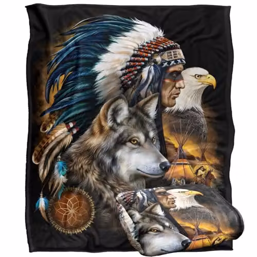JQ Licensing Native American Wolf and Eagle Silky Touch Super Soft Fleece Throw Blanket, White and Multicolour, W: 152 cm, D: 127 cm