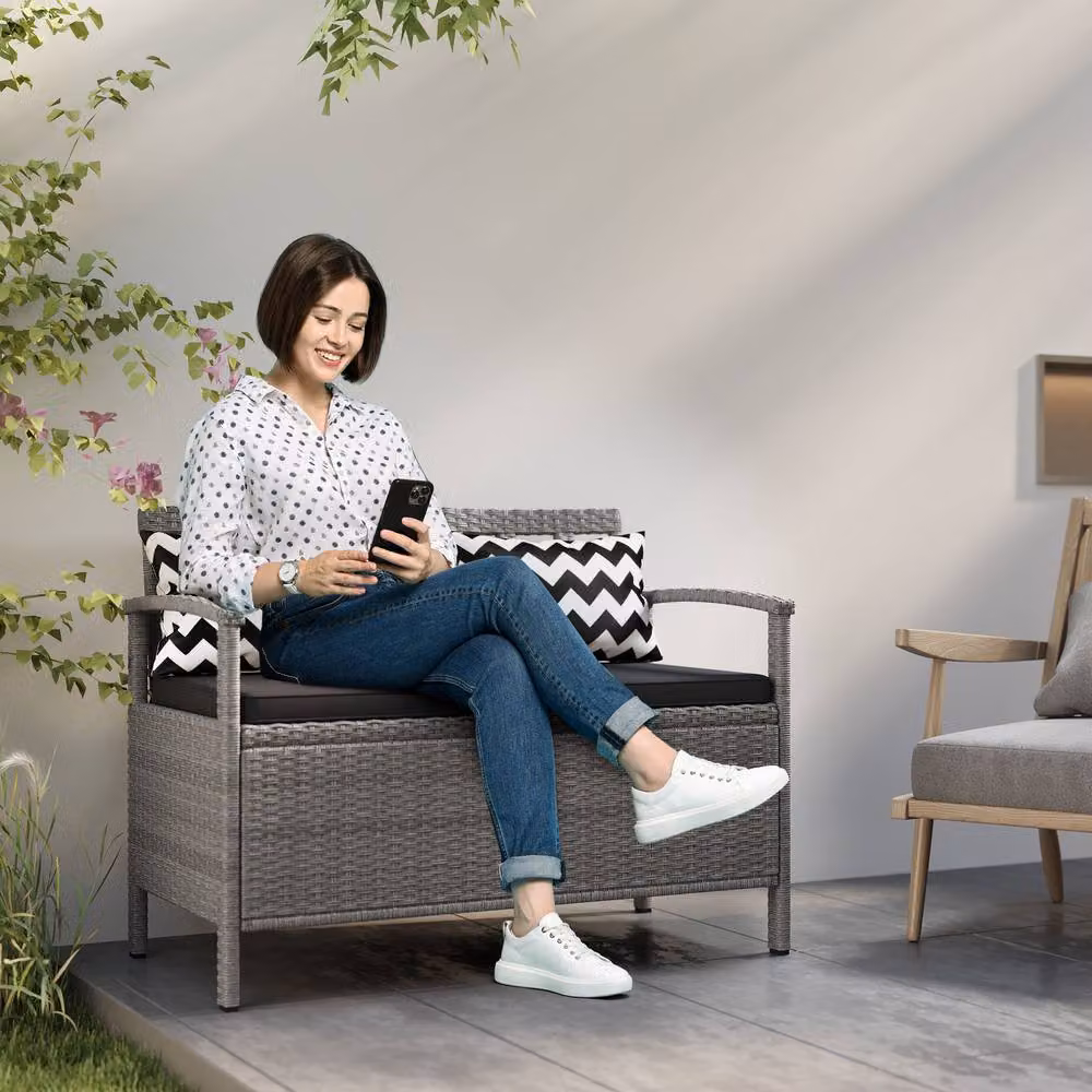ERGOVEXA Grey Polyrattan Two-Seater Garden Storage Bench with Armrests and 160L Capacity, W/D/H: 112 x 62 x 82 cm – 4