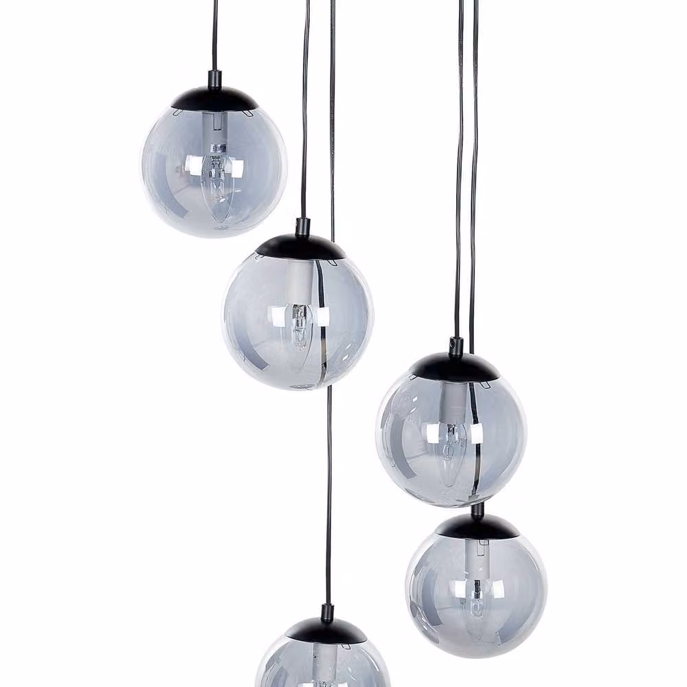 Wyld and Coco 5-Light Industrial Pendant Lamp with Grey Smoked Glass Shades and Black Metal Base – 2