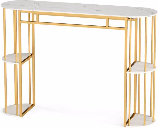 Gymax Modern Narrow Long Bar Table with White Faux Marble Composite Tabletop