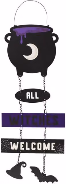KDMK Witches Welcome Cauldron Chain Wall Sign, Black Metal Halloween Decor