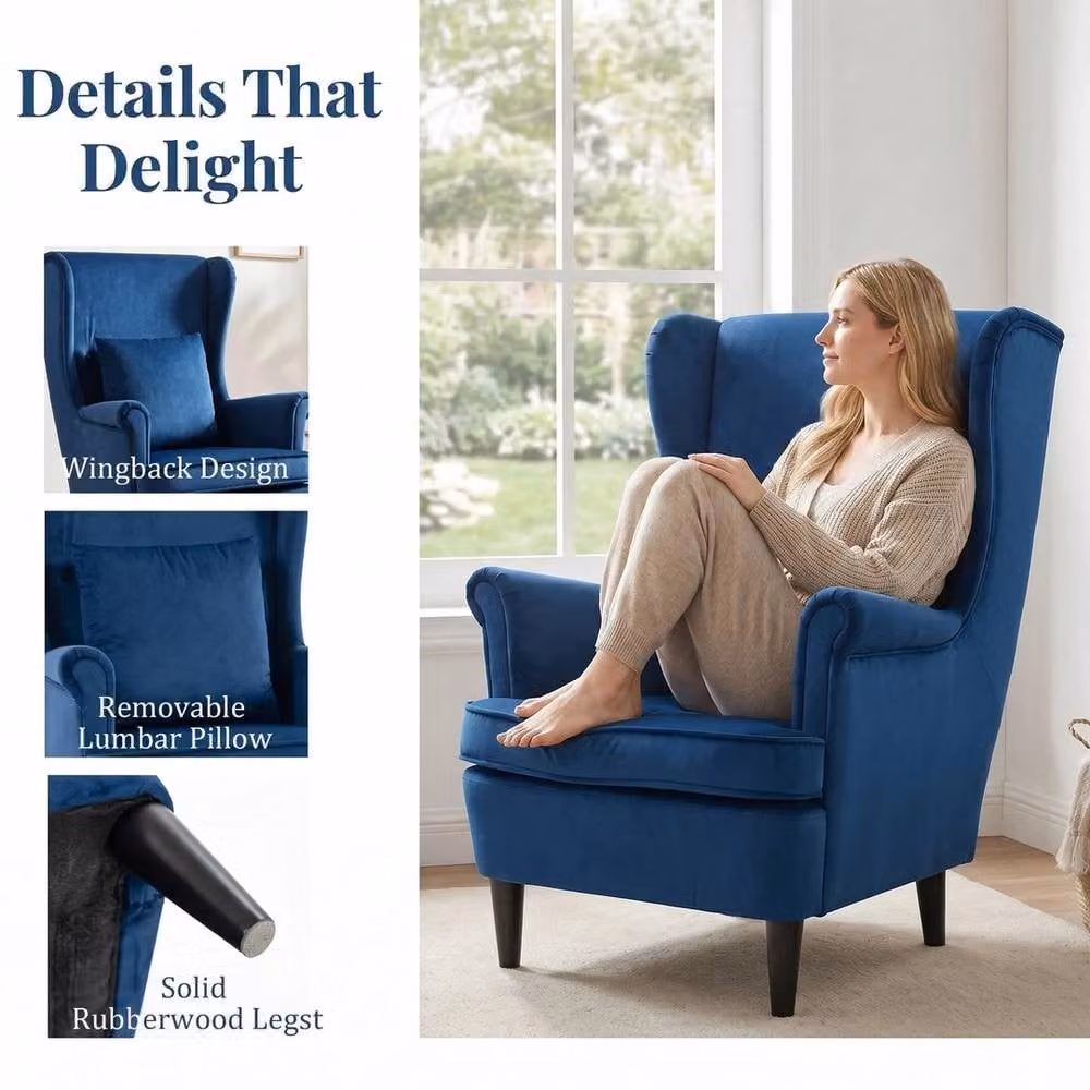 FORGEVIO Modern Blue Velvet Wingback Accent Chair with Armrests, H 83.0 x W 75.0 x D 104.0 cm – 3