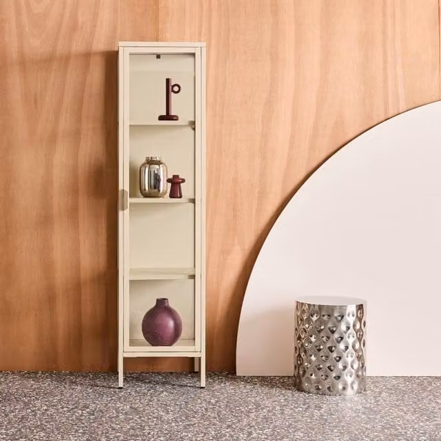 sweeek Industrial Sideboard and Glass Display Cabinet in Beige with Steel and Tempered Glass Doors, W/D/H: 160 x 35 x 40 cm