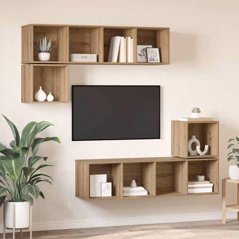 Berkfield Home Modern 4 Piece Artisan Oak Cube Wall Mounted Shelving Unit, Brown, W/D/H: 37 x 37 x 142.5 cm – 2