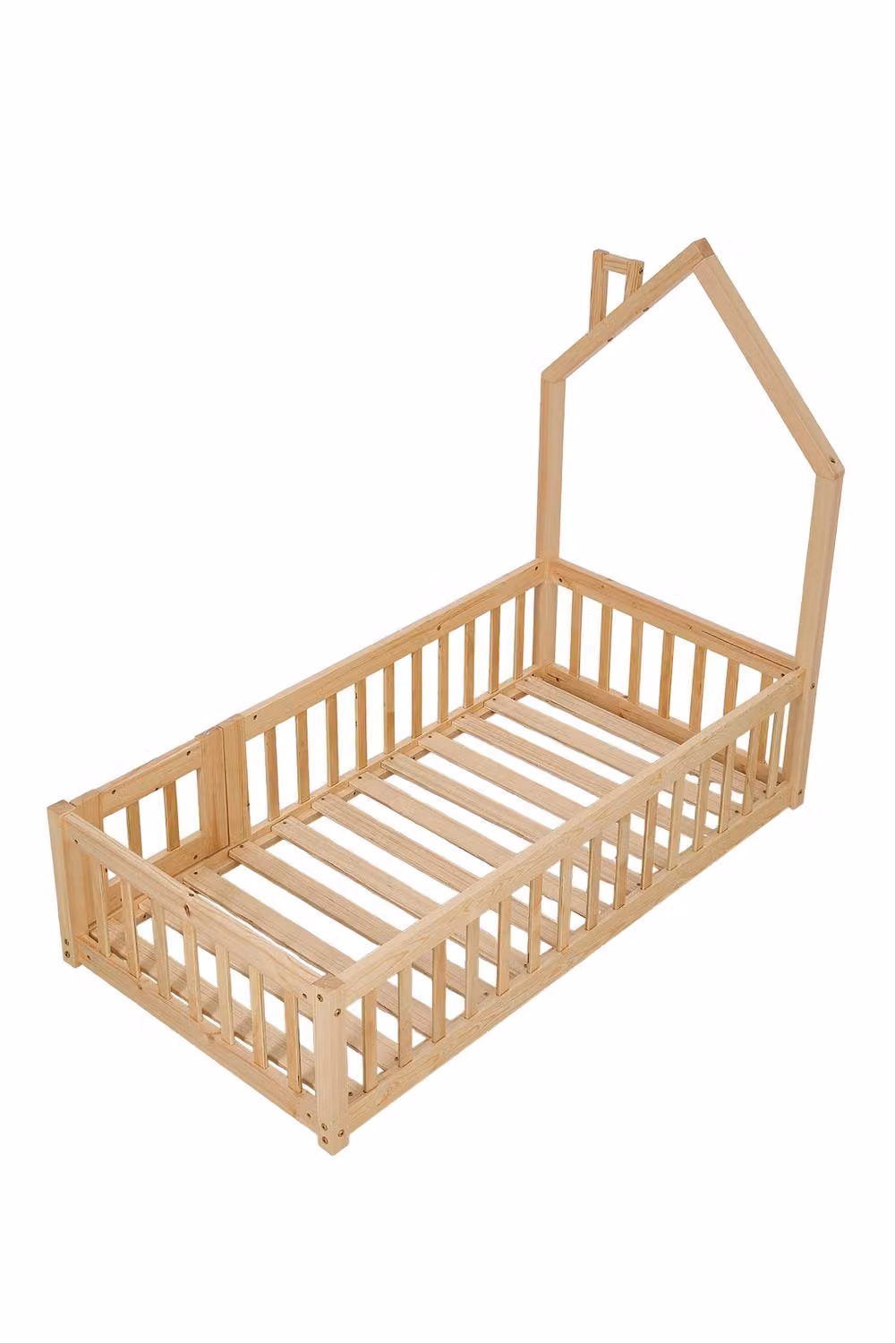Living and Home House-Shaped Solid Wood Floor Bed Frame with Guardrails for Children in Brown – 2