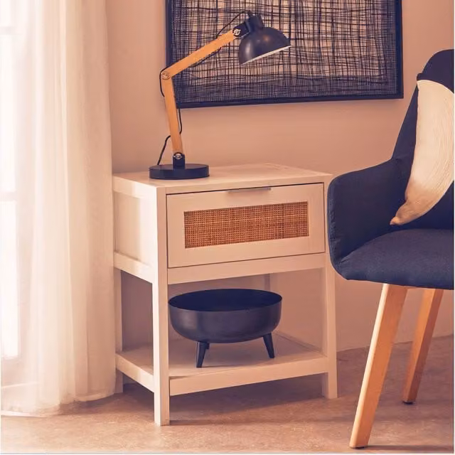 Orsina Rustic White Wood and Rattan Side Table