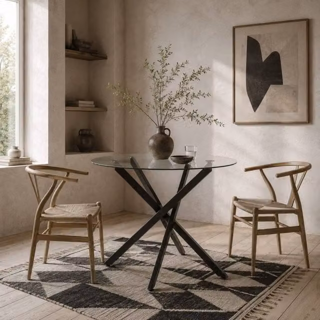 Wyld Haus Bama Round Dining Table with Transparent Glass Top and Black Metal X-Frame, Diameter: 80 cm