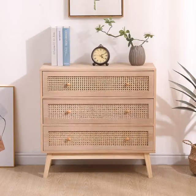 HMD Rattan Chest of 3 Drawers with Mirror Top in Sand and Beige