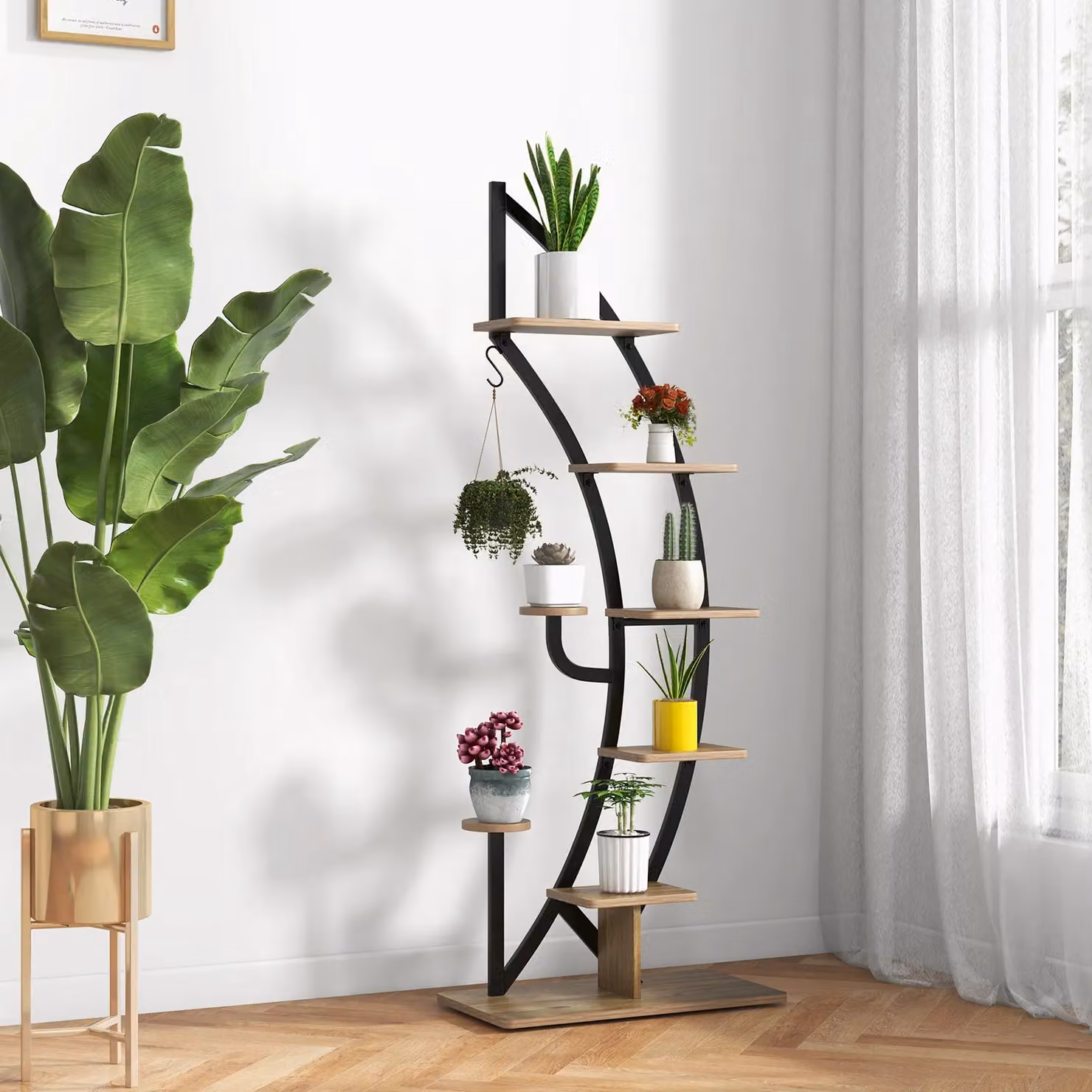 Costway Set of 2 Tall Wooden 8-Tier Plant Stand Racks in Natural Brown with Curved Half Moon Ladder Shelf Design – 2