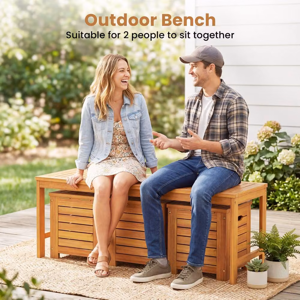 Costway 4-Piece Acacia Wood Outdoor Bench and Storage Box Set in Natural – 4