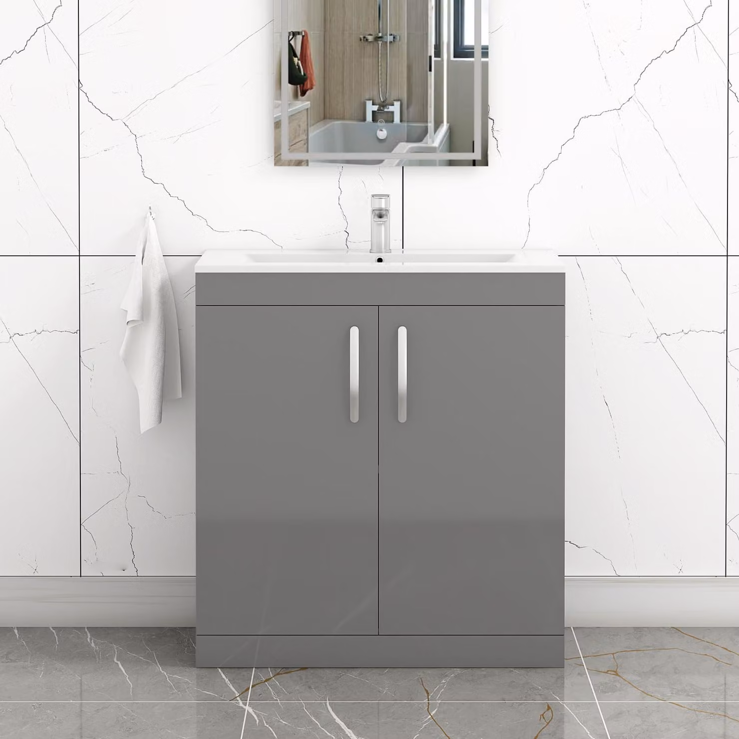 Royal Bathrooms Turin 800mm Floor Standing 2 Door Vanity Unit with Minimalist Basin in White and Grey