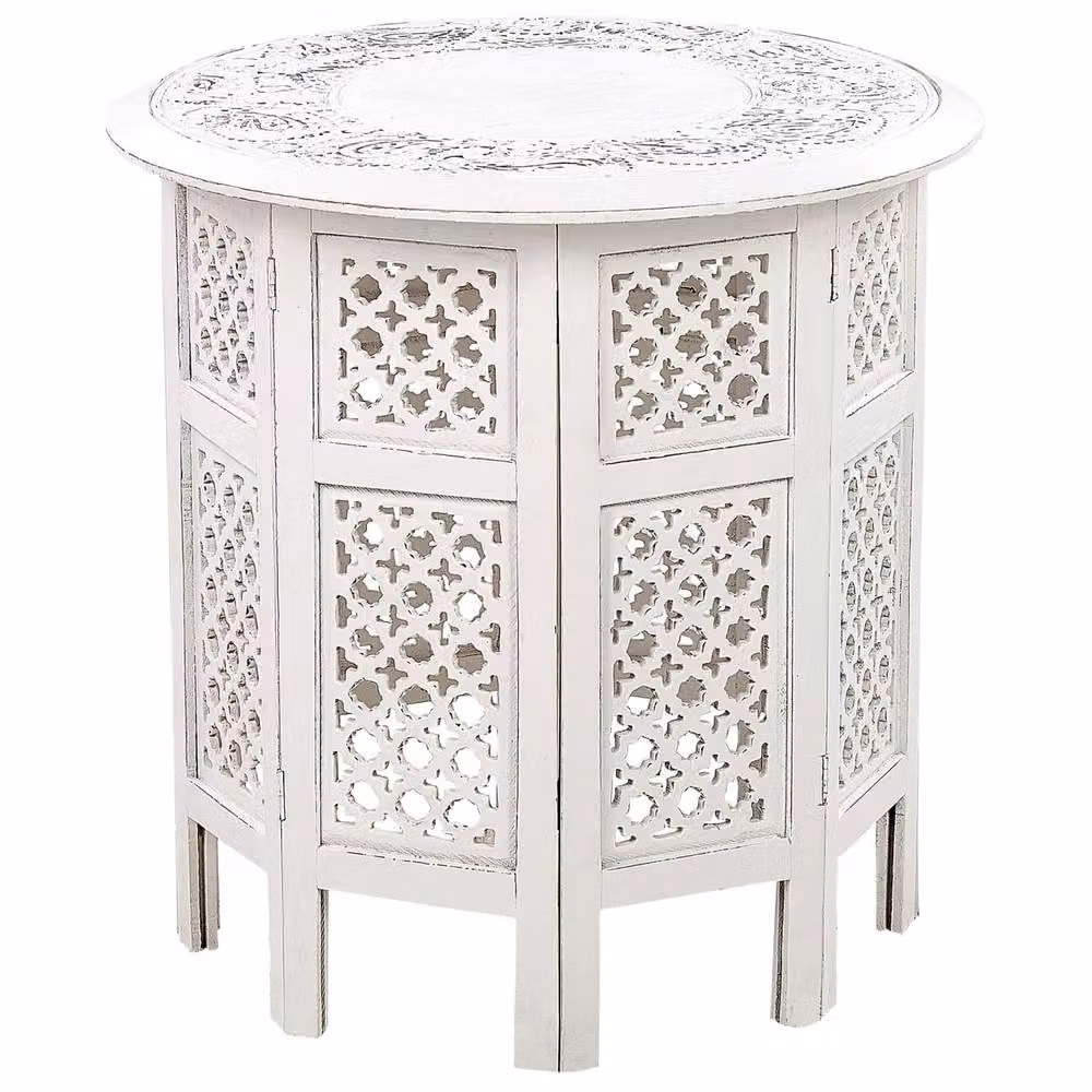 Wyld and Coco Oriental Studio Side Table, White Distressed Carved Mango Wood, W/D/H: 53 x 53 x 53 cm – 2