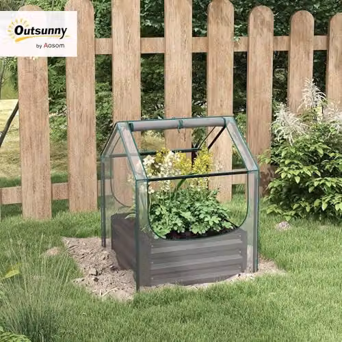 Outsunny Raised Garden Bed with Mini Greenhouse in Grey and Transparent – 2