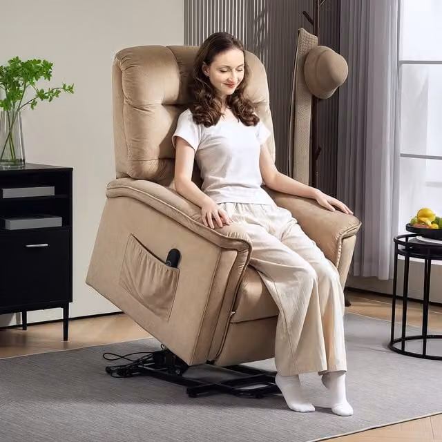 HOMCOM Power Lift Recliner Chair for Seniors in Beige Velvet with Side Pockets