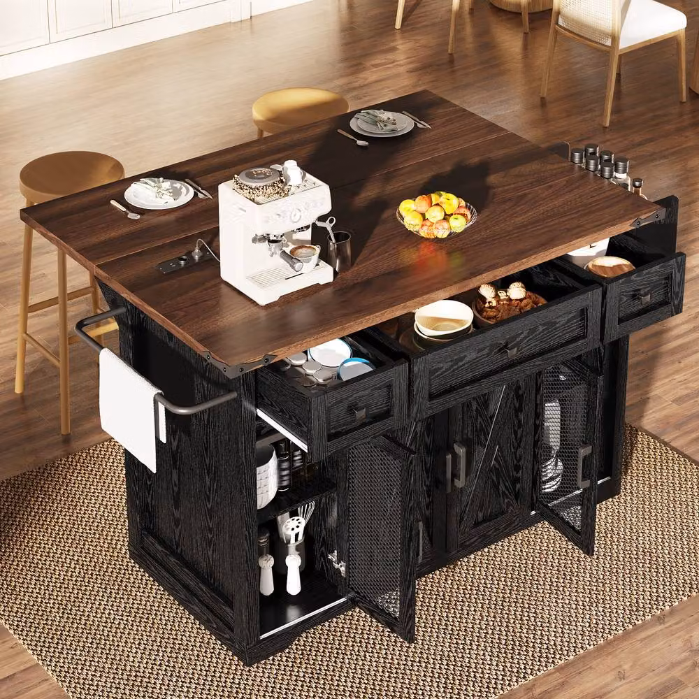 Merax Mobile Kitchen Island Trolley with Drop Leaf Worktop and Storage, Black, H 91.5 x W 120.2 x D 45.0 cm – 4