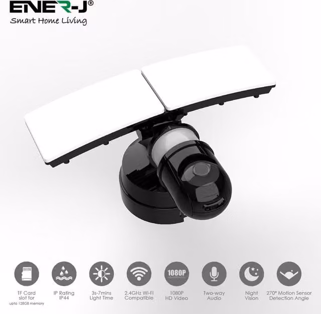 Ener-J Smart WiFi LED Floodlight Security Camera with Motion Sensor, 1080P HD, White
