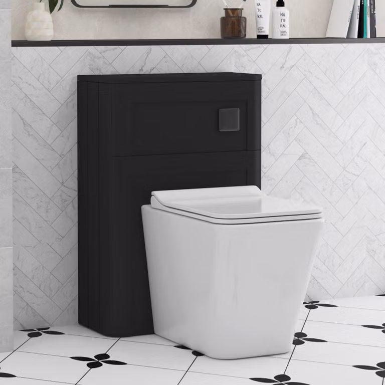 Royal Bathrooms Henley Wall Mounted WC Unit in Matt Nocturne Black with Elena Rimless Ceramic Toilet Pan, Slim Soft Close Seat and Cistern, Width: 55 cm