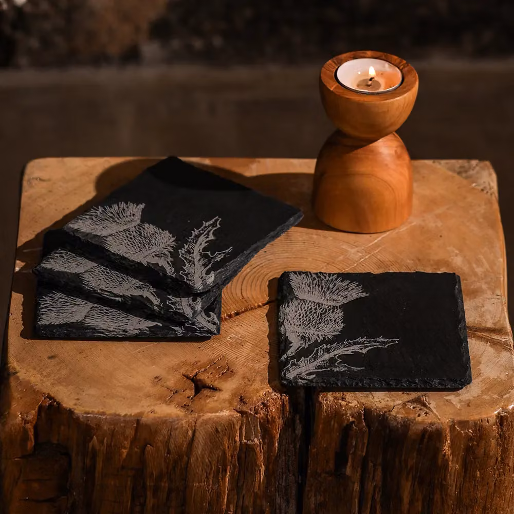 Selbrae House Square Slate Coasters with Floral Thistle Design in Grey and Black, Set of 4 – 2