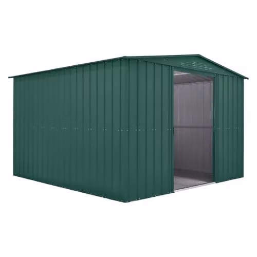 Globel Green Metal Garden Storage Shed with Apex Roof and Sliding Double Doors, W: 304.8 cm, D: 304.8 cm, H: 203.0 cm