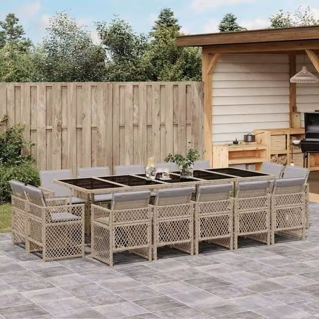 Berkfield Home 15 Piece Poly Rattan Garden Dining Set with Cushions and Glass Table in Beige – 1