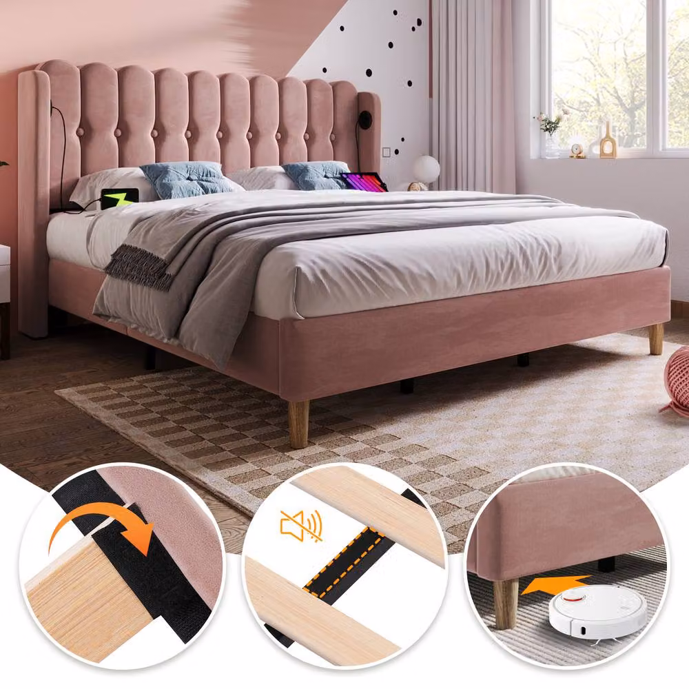 ModernLuxe Upholstered Velvet Bed in Pink with USB Charging Port and Wooden Slatted Frame, W: 140 cm, L: 200 cm – 3