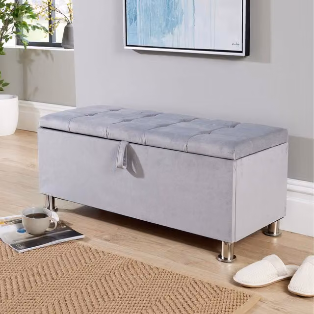 Home Source Modern Rectangular Padded Storage Ottoman in Grey Fabric with Metal Frame