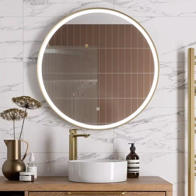 Bathwell Round LED Mirror with Demister and Touch Switch in Brushed Brass, Diameter: 80 cm