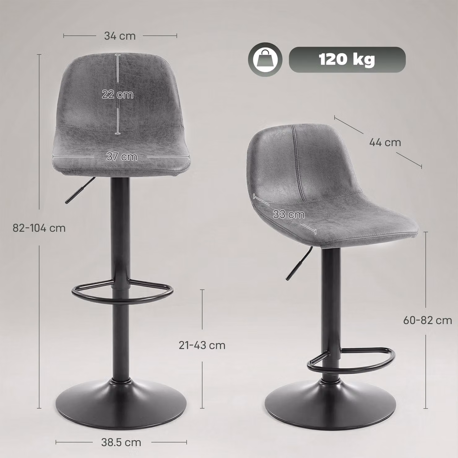 HOMCOM Set of 2 Modern Grey Swivel Bar Stools with Footrest and Synthetic Leather Upholstery – 3