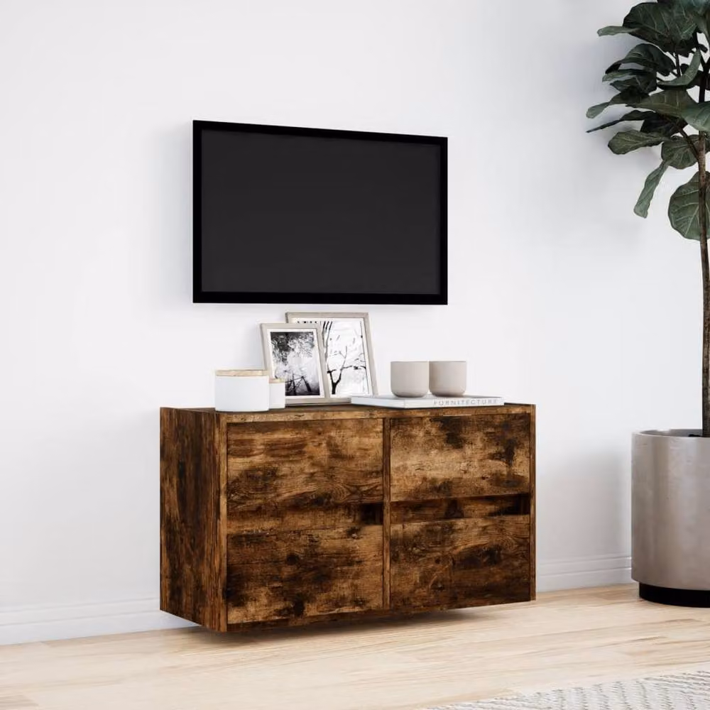 Berkfield Home TV Wall Cabinet with LED Lights in Smoked Oak Brown, W/D/H: 80 x 31 x 45 cm – 3