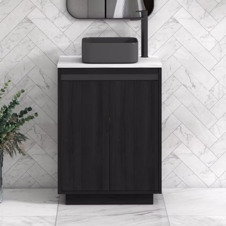 Royal Bathrooms Orion 600mm Hale Black Floor Standing Vanity Unit with Carrara White Art Square Basin and Black Accent Trim