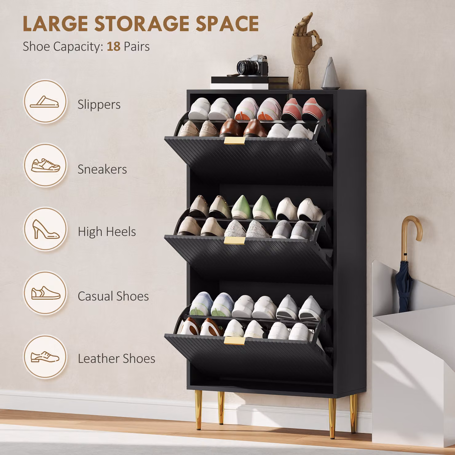 HOMCOM Modern Narrow Shoe Cabinet with 3 Tilting Compartments in Black and Gold – 3