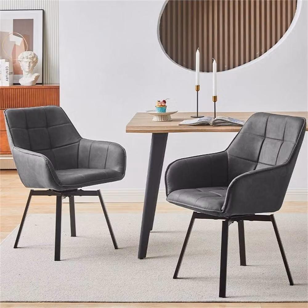 Kelvenix Grey Faux Leather Swivel Dining Chairs with Armrests and Metal Base – 4