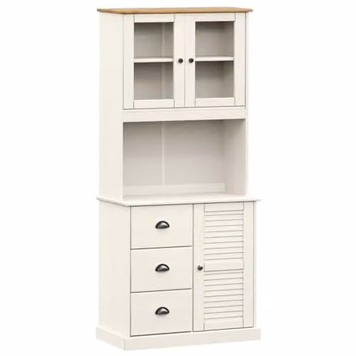 vidaXL VIGO Highboard in White Waxed Solid Pine with Glass Doors, W/D/H: 78 x 40 x 175 cm