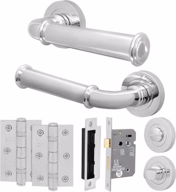AFIT Polished Chrome Bathroom Door Handle Set with Lock and Hinges in Silver