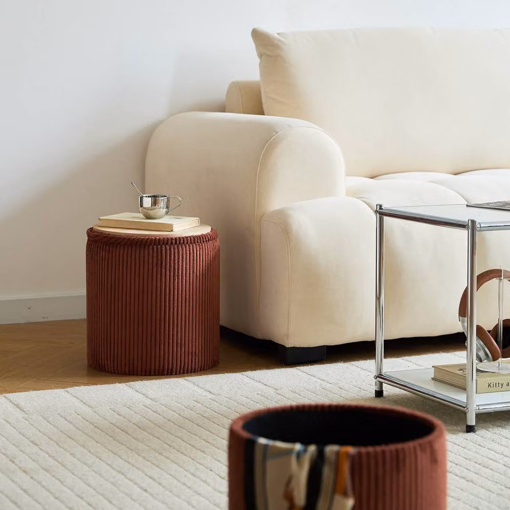 Nordlys Set of 3 Red Bouclé Fabric Poufs with Wooden Storage – 3