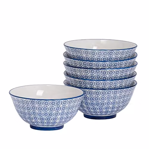 Nicola Spring Hand-Printed Porcelain Cereal Bowls, Blue and White, Pack of 6, Diameter: 16 cm – 1